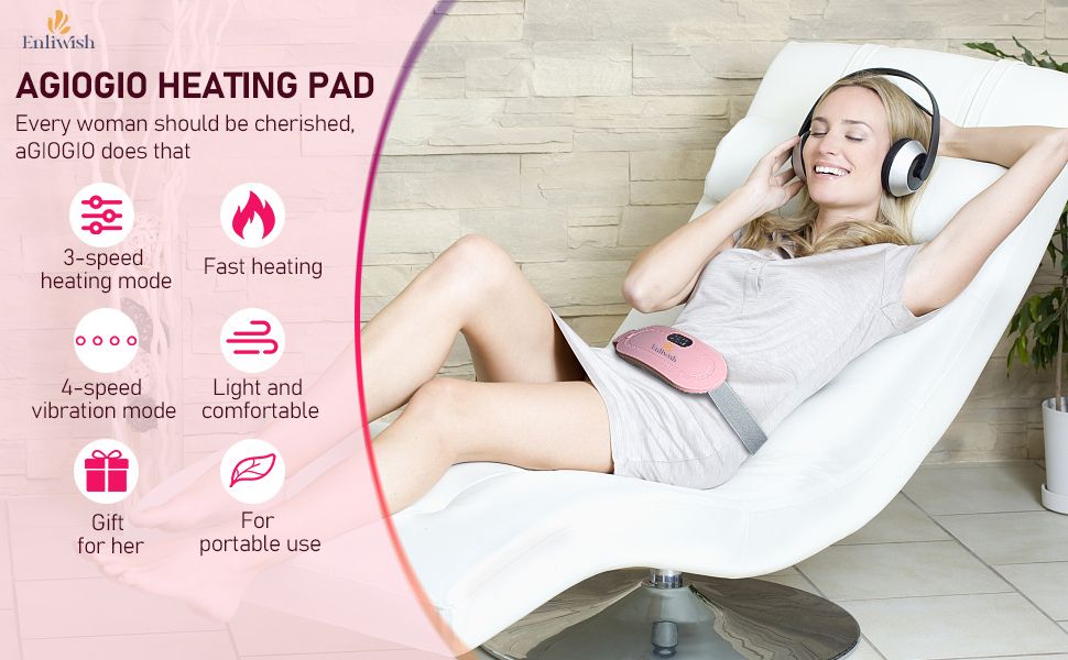 aGIOGIO Portable Cordless Heating Pad | Menstrual Cramp Relief Belt | 3 Heat & 4 Massage Modes | USB Rechargeable, Pink