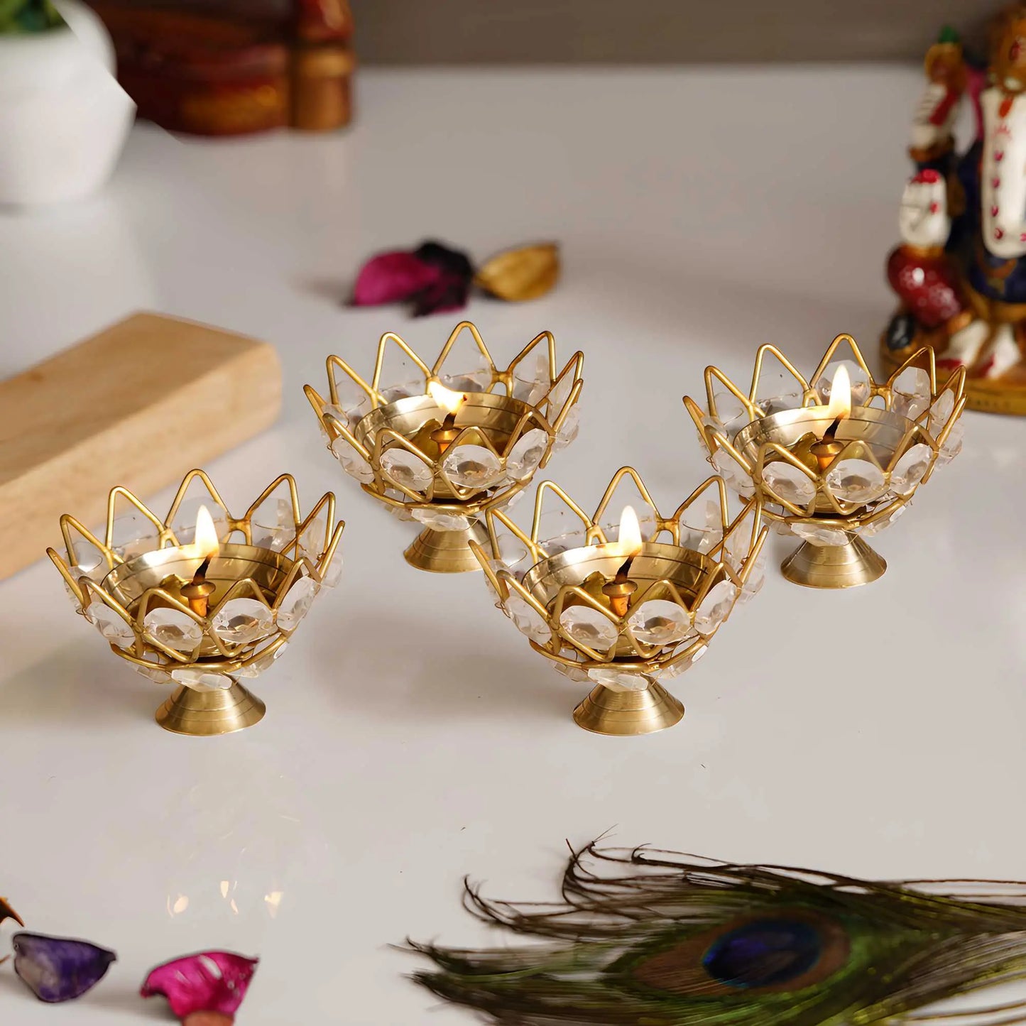eCraftIndia Set of 4 Lotus Shape Crystal Tea Light Holders | Decorative Candle Holder | Home Décor y17902-r9
