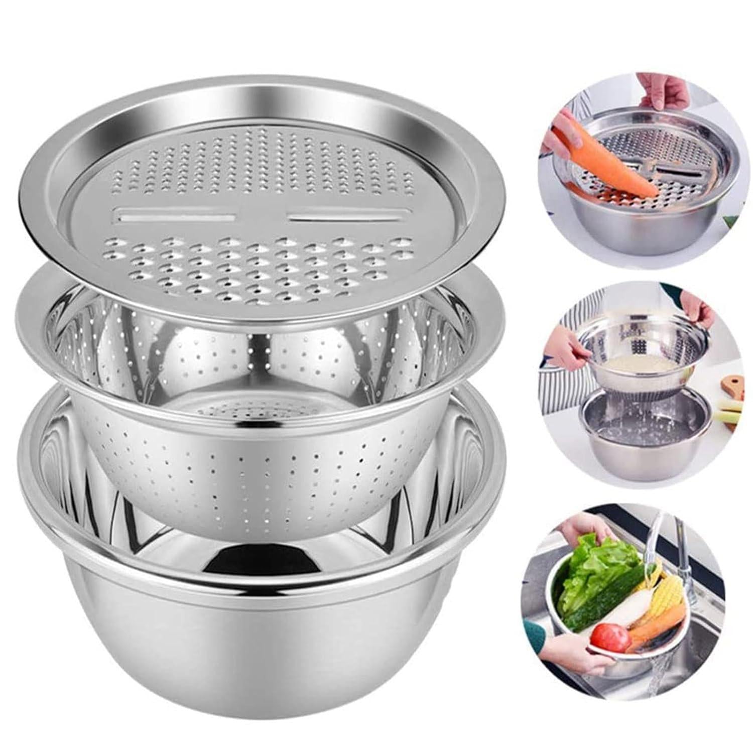 3 in 1 Multifunctional Grater Basin Stainless Steel Colanders Set y17902-r9