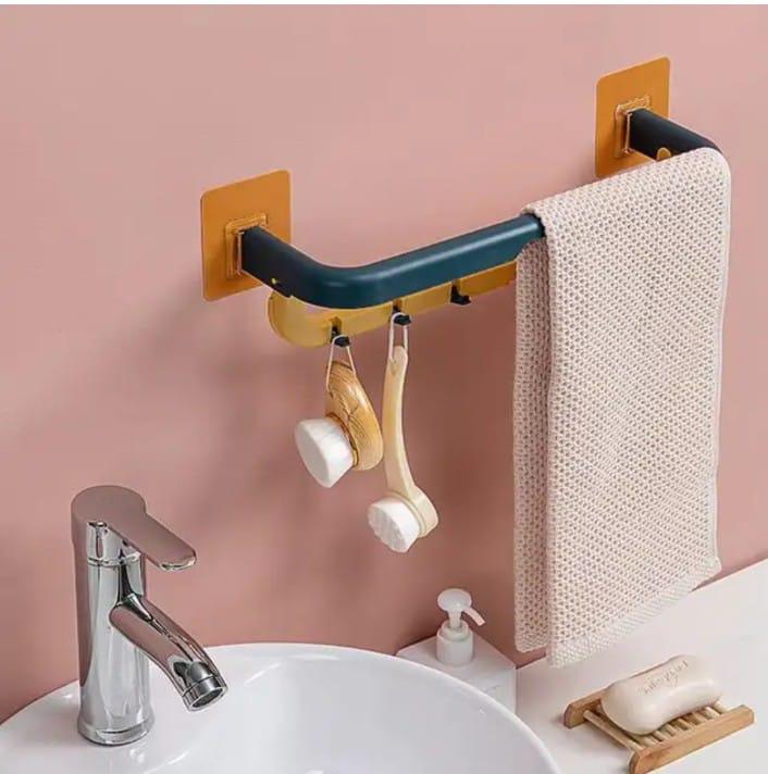 Multifunctional Folding Towel Shelf (6-Hook) | Wall-Mounted Self-Adhesive Bathroom & Kitchen Organizer y17902-r9