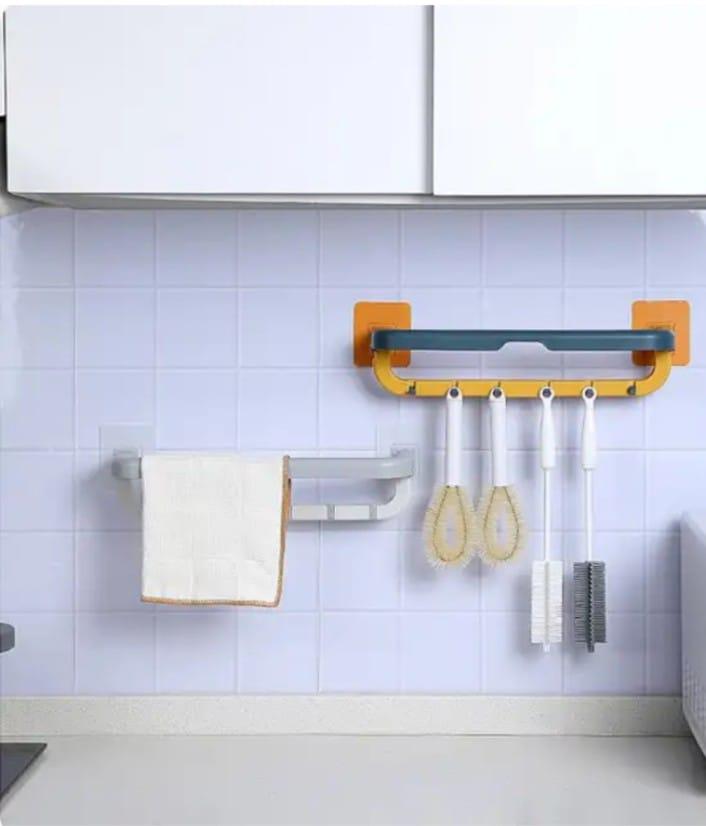 Multifunctional Folding Towel Shelf (6-Hook) | Wall-Mounted Self-Adhesive Bathroom & Kitchen Organizer y17902-r9